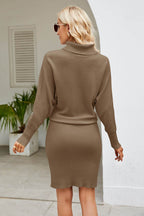 Ribbed Mock Neck Long Sleeve Dress - Delanoir