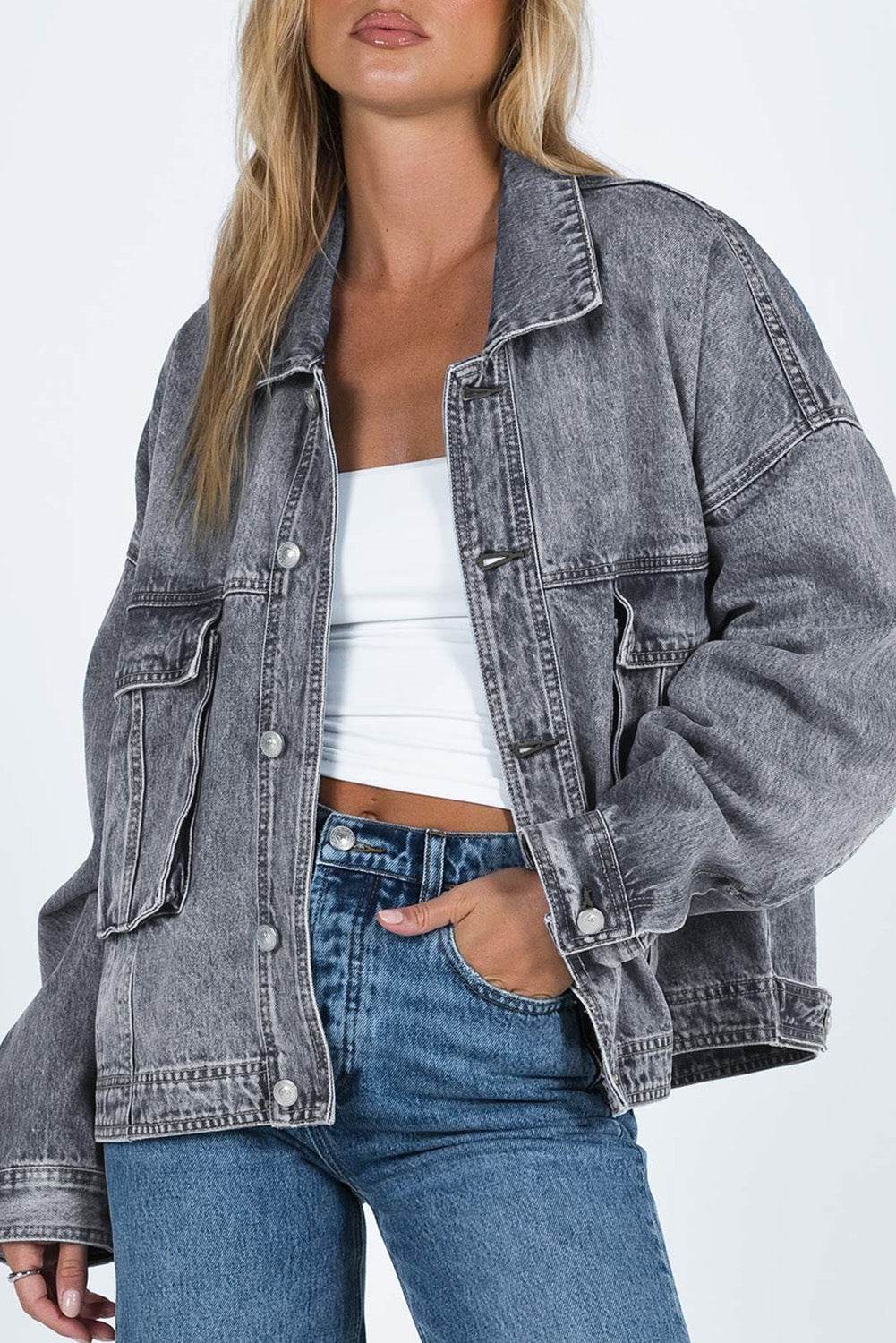 Collared Neck Button Up Denim Jacket - Delanoir