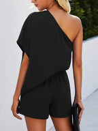 Single Shoulder Batwing Sleeve Romper - Delanoir