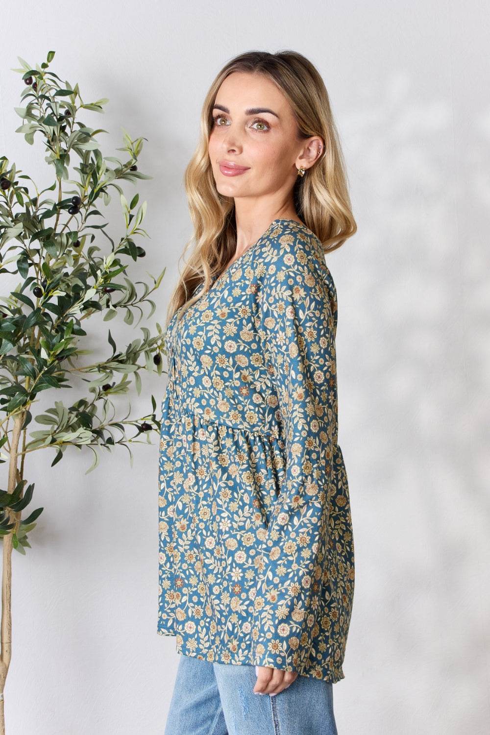 Heimish Full Size Floral Half Button Long Sleeve Blouse - Delanoir