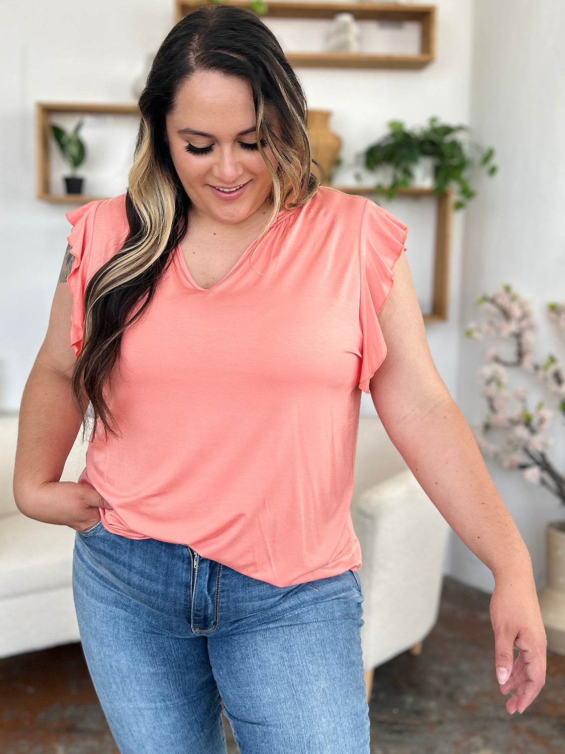 Basic Bae Full Size Bamboo Notched Ruffled Short Sleeve T-Shirt - Delanoir