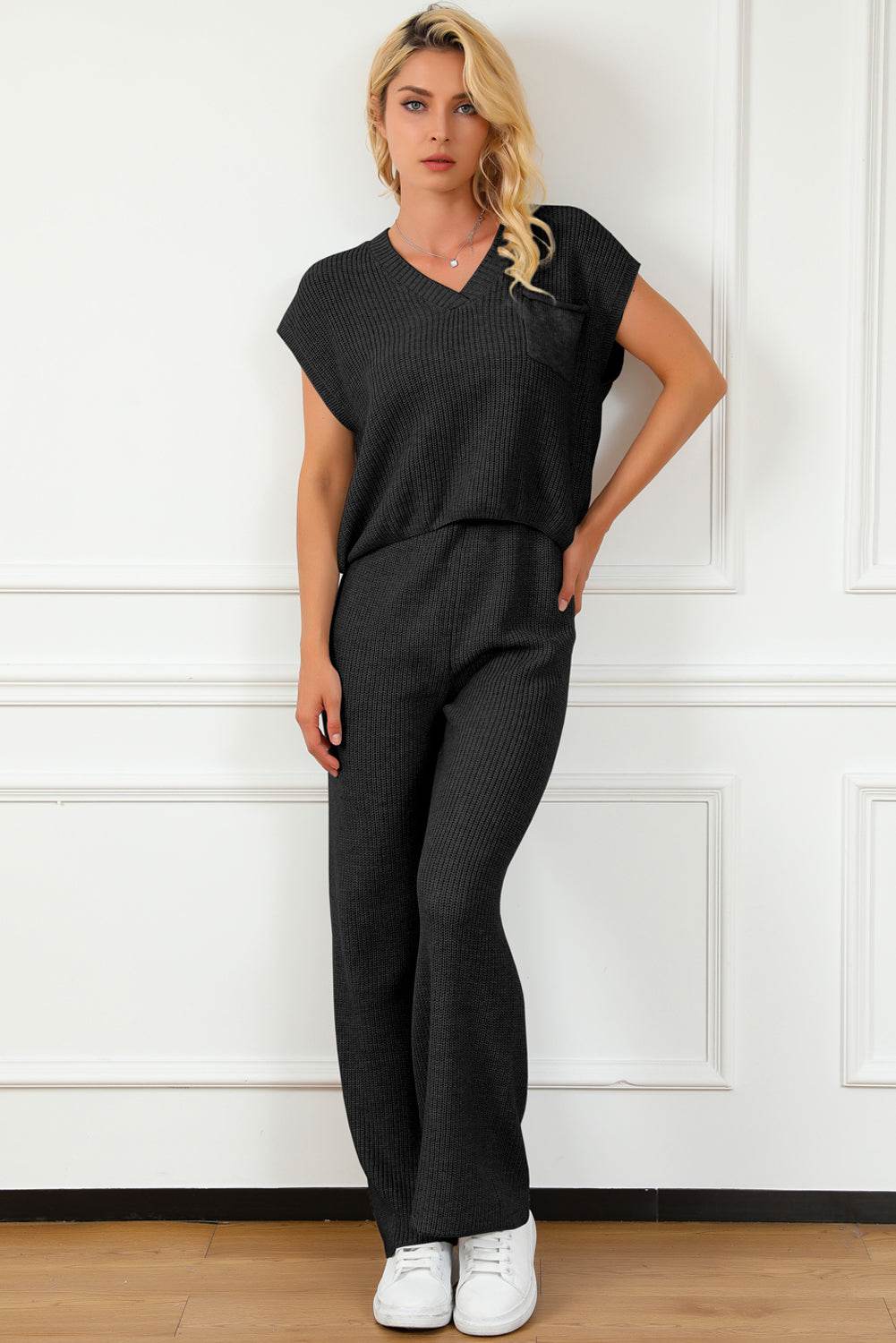Pocketed V-Neck Top and Wide Leg Sweater Set - Delanoir