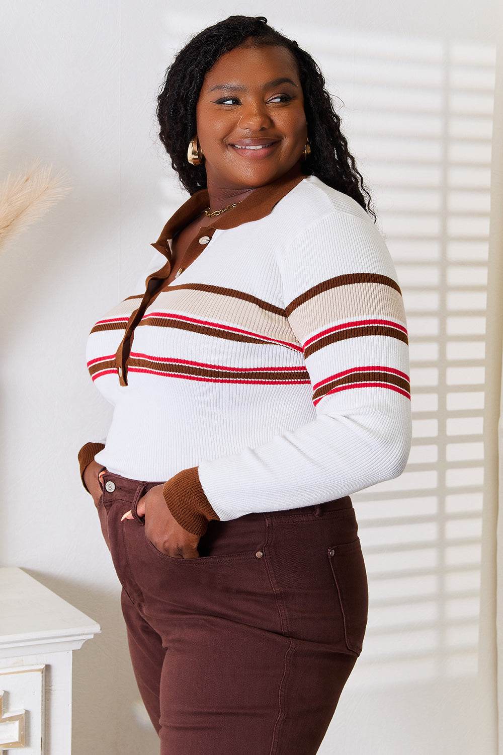 Basic Bae Striped Collared Neck Rib-Knit Top - Delanoir
