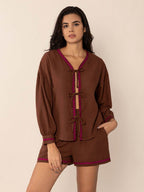Tied V-Neck Long Sleeve Top and Shorts Set - Delanoir