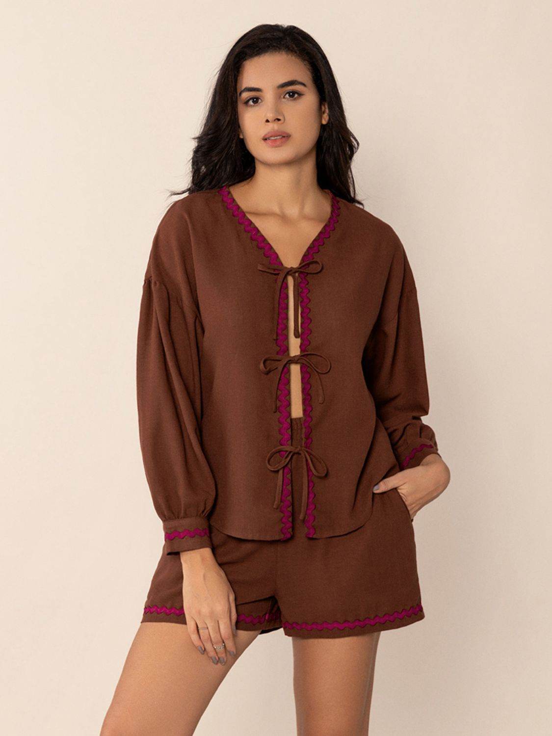 Tied V-Neck Long Sleeve Top and Shorts Set - Delanoir