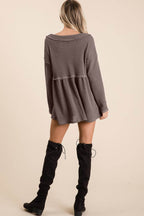 BiBi Waffle Knit V-Neck Babydoll Blouse - Delanoir