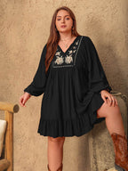 Plus Size Embroidered Tie Neck Long Sleeve Mini Dress - Delanoir