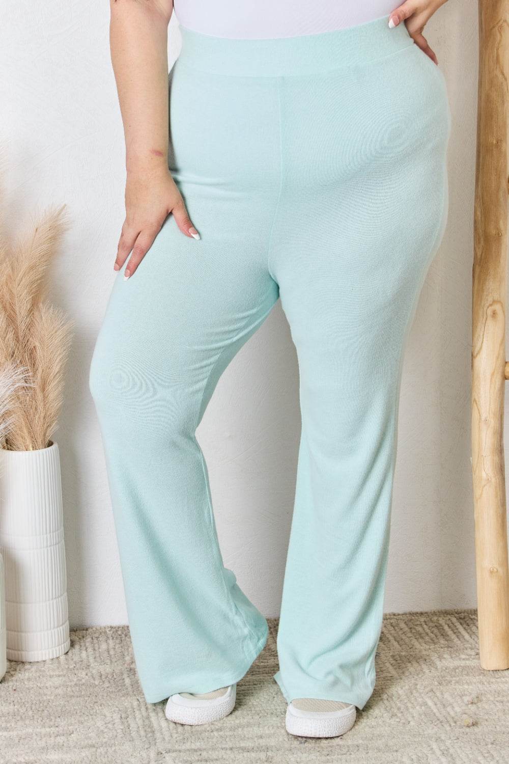 RISEN Full Size High Waist Ultra Soft Knit Flare Pants - Delanoir