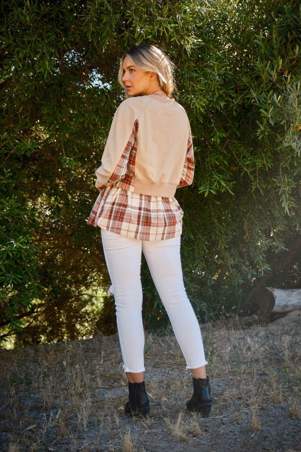And The Why Full Size Double Layered Plaid Contrast Sweatshirt - Delanoir