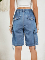 Buttoned Elastic Waist Denim Shorts with Pockets - Delanoir