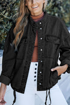 Drawstring Snap Down Denim Jacket with Chest Pockets - Delanoir