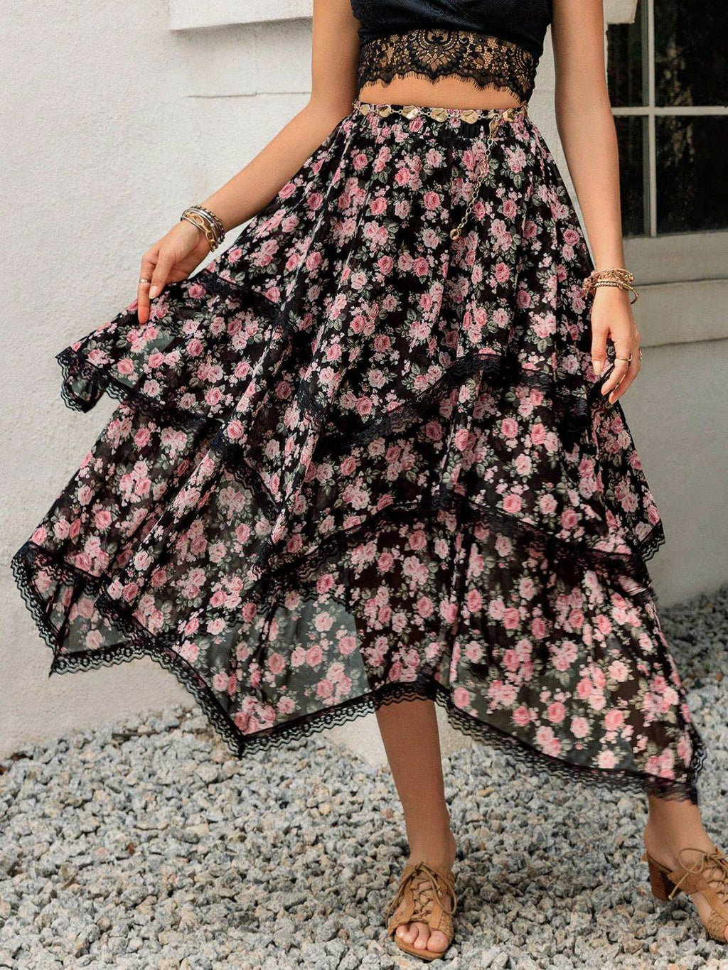 Lace Detail Layered Printed Skirt - Delanoir