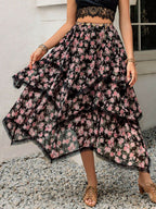 Lace Detail Layered Printed Skirt - Delanoir