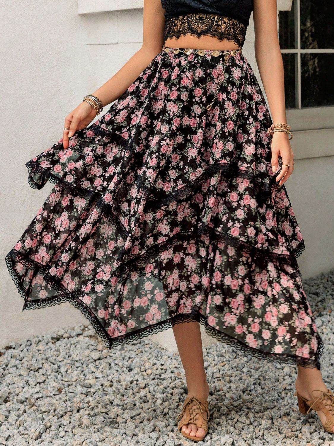 Lace Detail Layered Printed Skirt - Delanoir