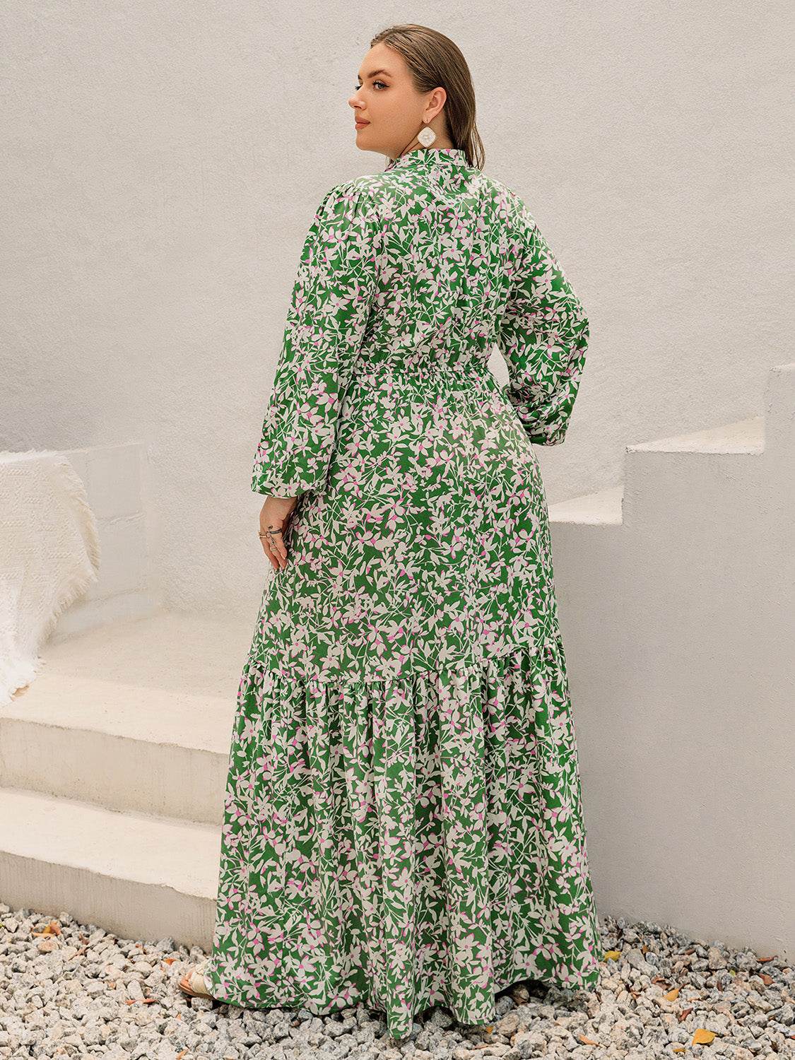Plus Size Printed Notched Long Sleeve Maxi Dress - Delanoir