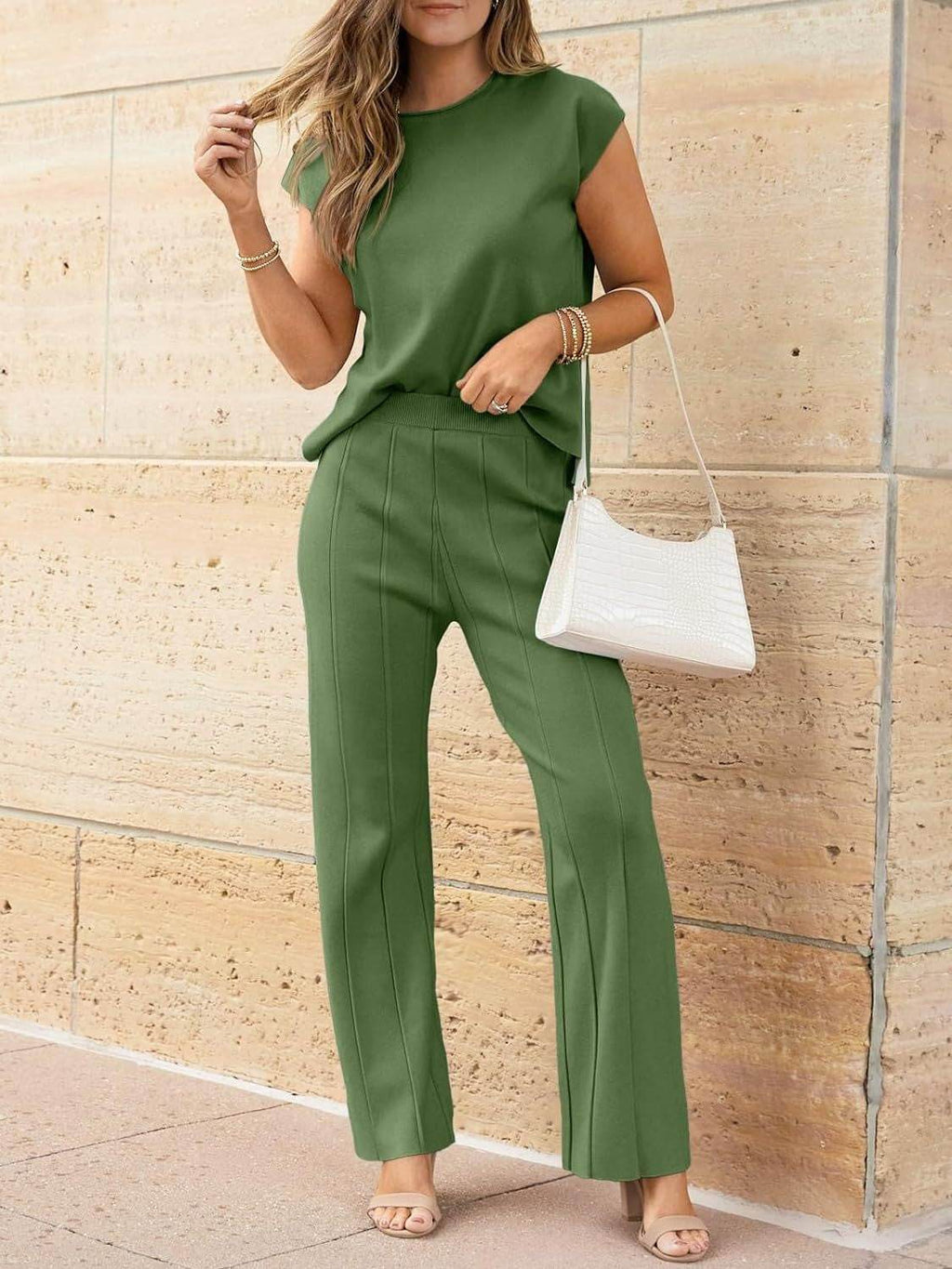 Round Neck Cap Sleeve Top and Pants Knit Set - Delanoir
