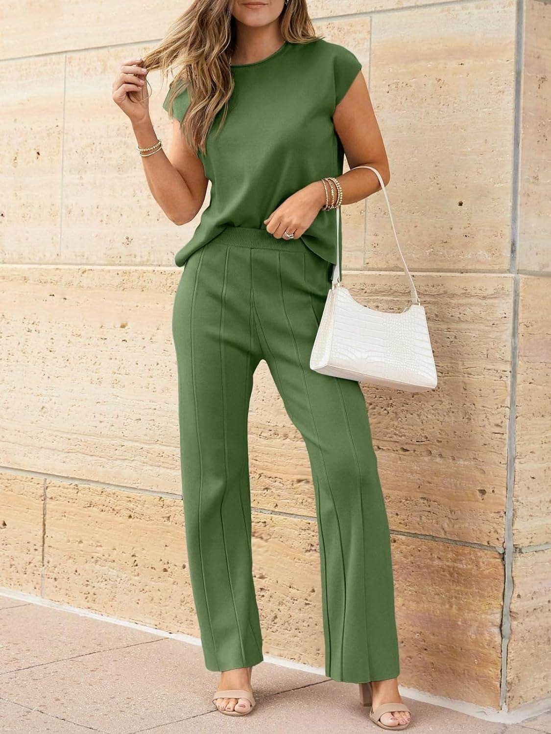 Round Neck Cap Sleeve Top and Pants Knit Set - Delanoir