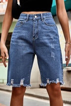 Raw Hem High Waist Denim Shorts with Pockets - Delanoir