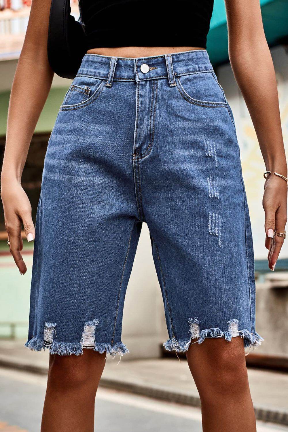 Raw Hem High Waist Denim Shorts with Pockets - Delanoir
