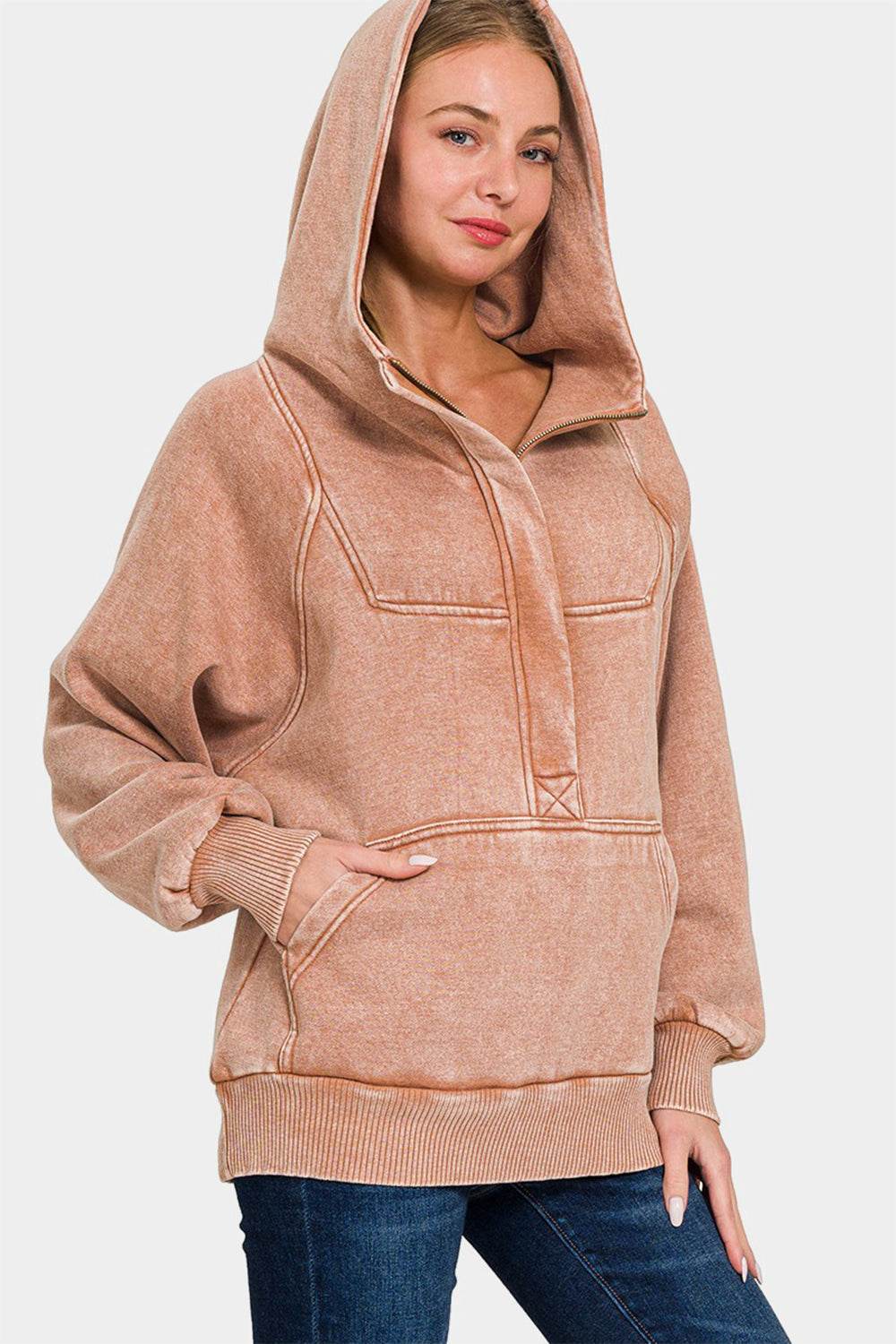 Zenana Acid Wash Fleece Kangaroo Hoodie - Delanoir