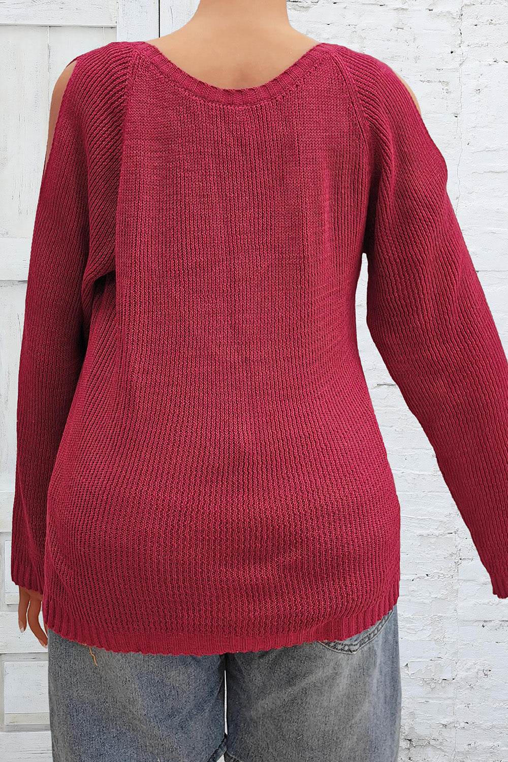 Plus Size Cold Shoulder Round Neck Sweater - Delanoir