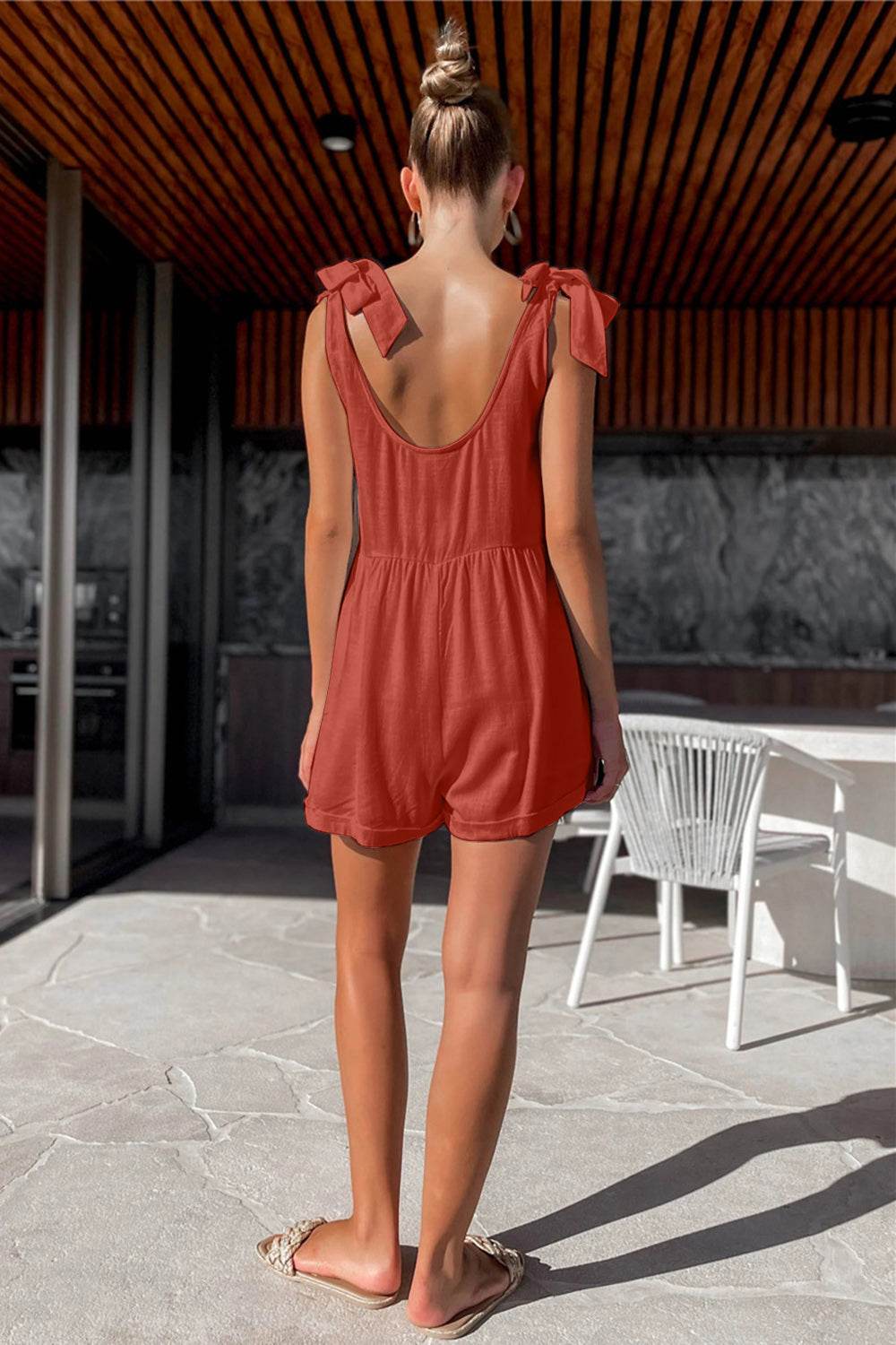 Full Size Scoop Neck Tie Shoulder Romper - Delanoir