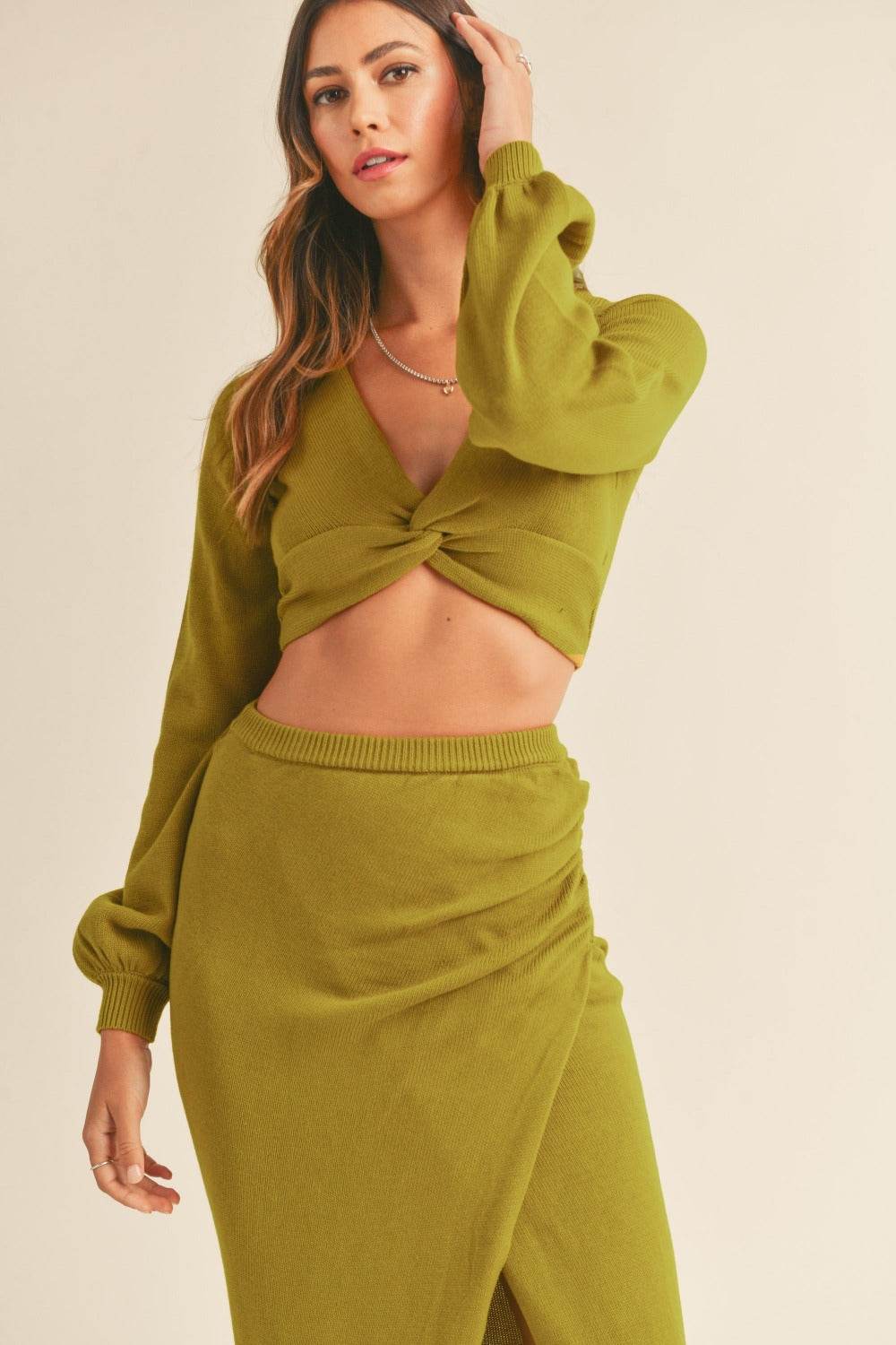 MABLE Front Twisted Knit Top and Midi Skirt Set - Delanoir
