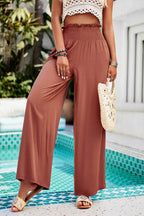 Devine Smocked Wide Leg Pants with Pockets - Delanoir