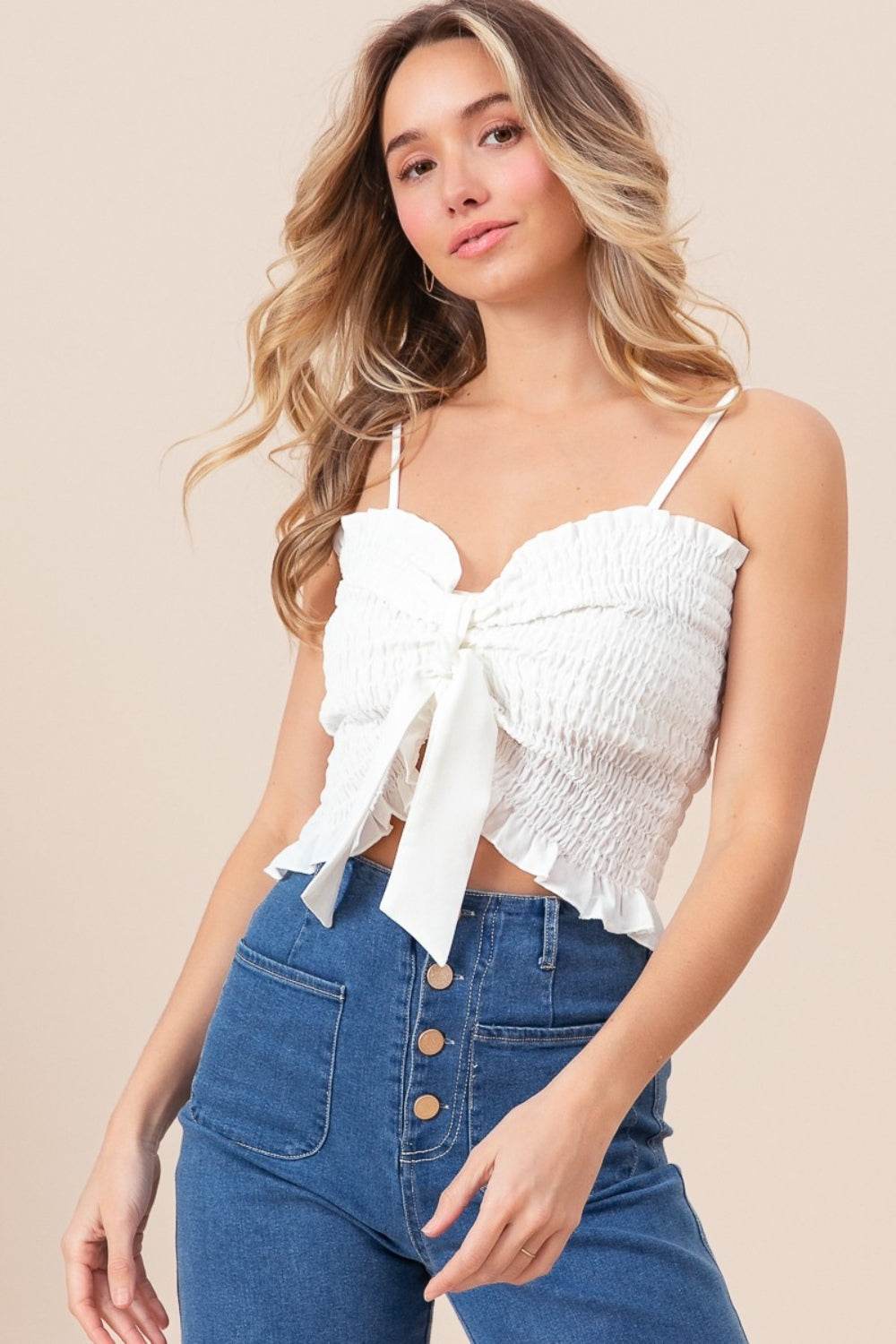 BiBi Ruffled Smocked Ribbon Detail Cami - Delanoir