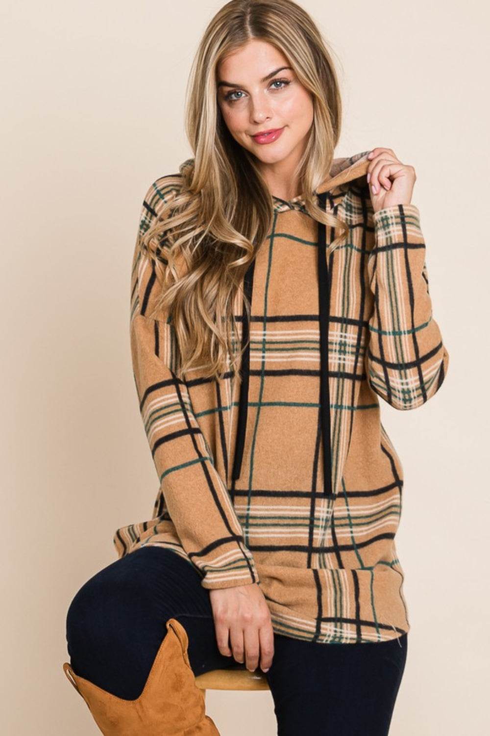 BOMBOM Drawstring Plaid Long Sleeve Hoodie - Delanoir