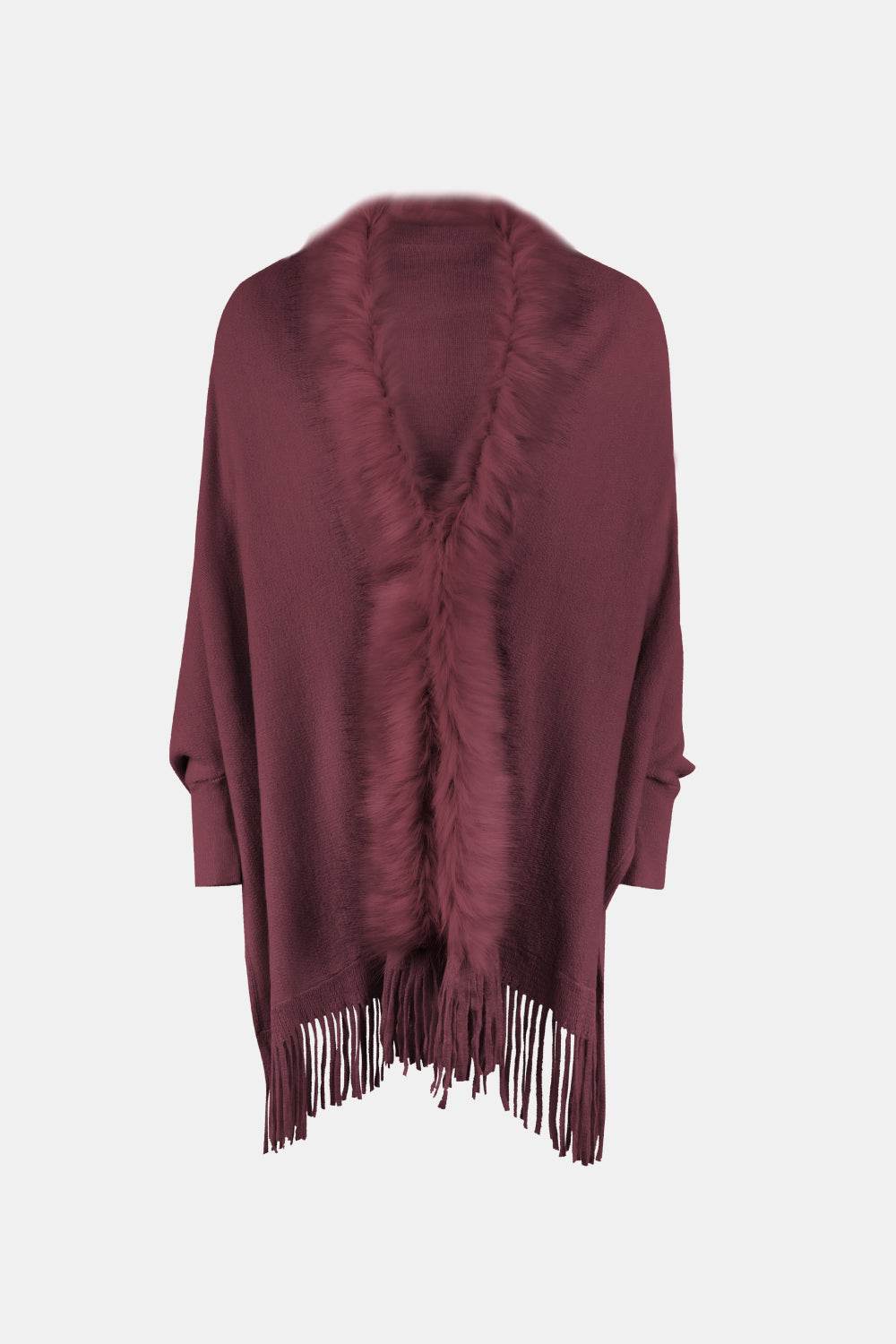 Fringe Open Front Long Sleeve Poncho - Delanoir