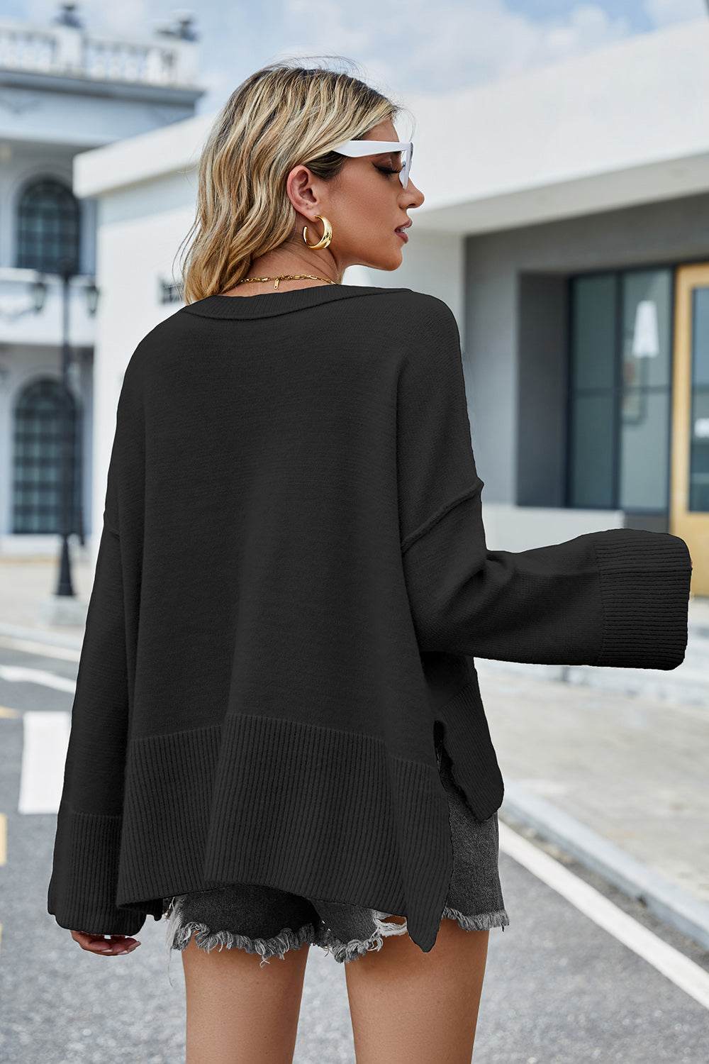 High-Low Slit Round Neck Long Sleeve Sweater - Delanoir