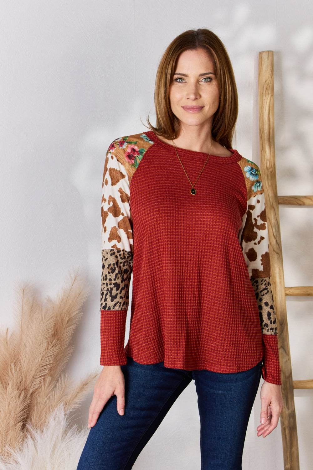 Hailey & Co Full Size Leopard Waffle-Knit Blouse - Delanoir