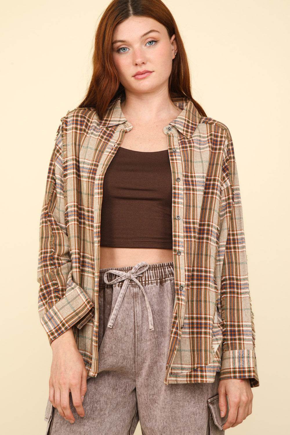 VERY J Contrast Plaid Raw Detail Shirt - Delanoir