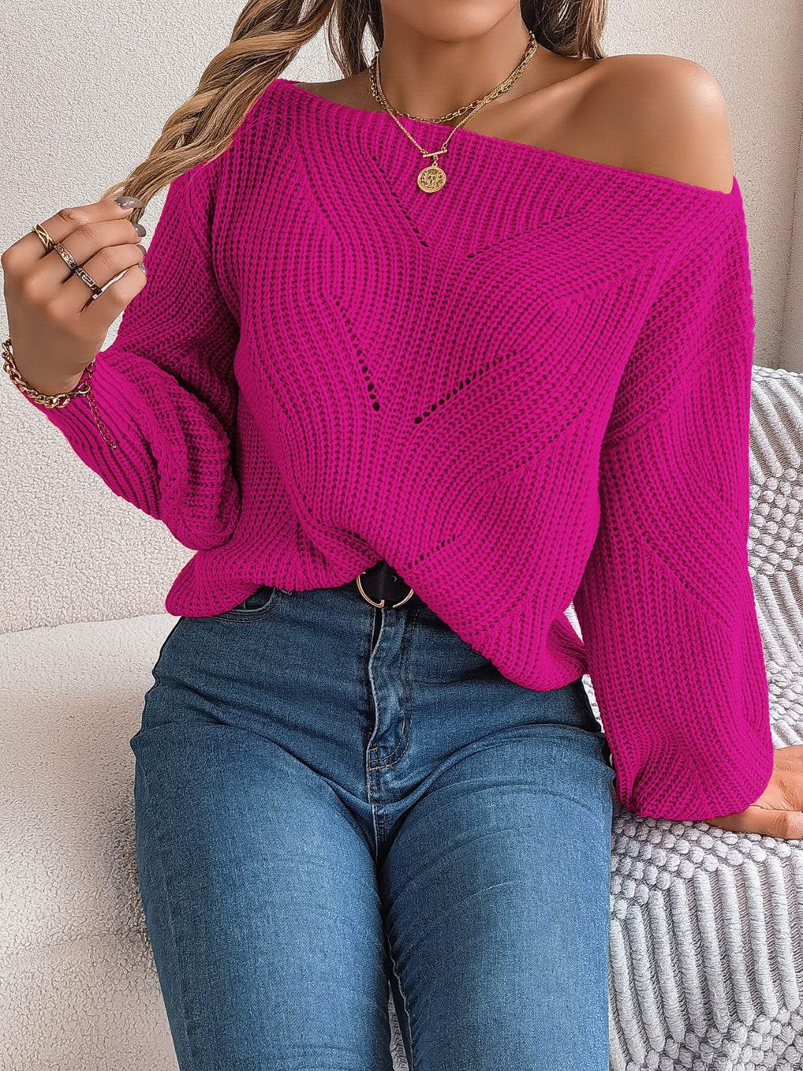 Openwork Long Sleeve Sweater - Delanoir