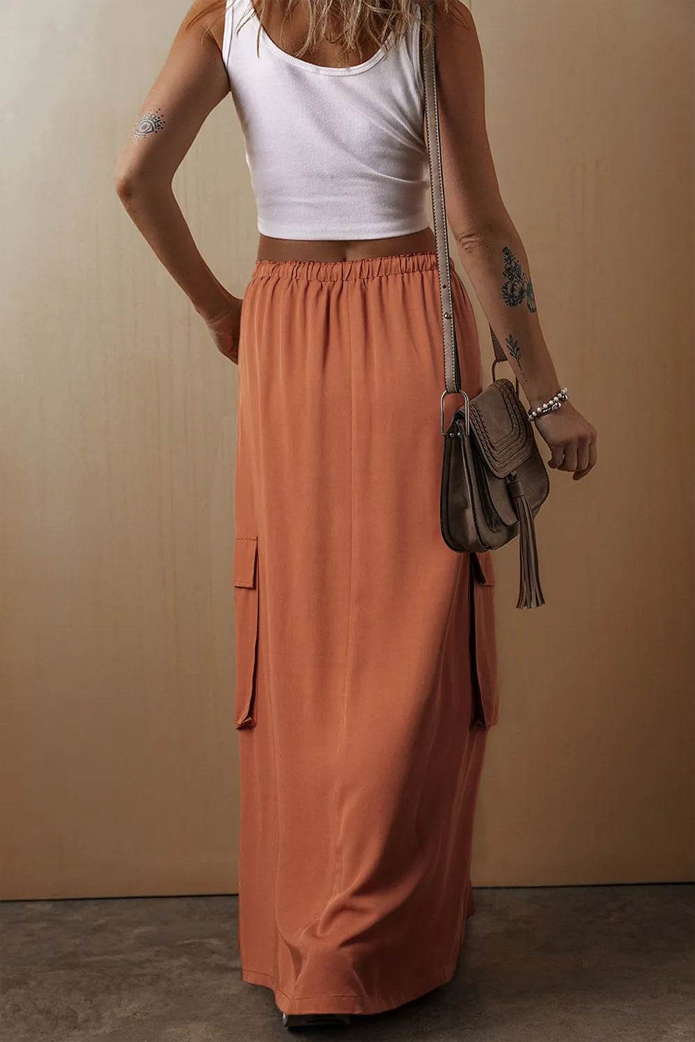 Drawstring Maxi Skirt with Pockets - Delanoir