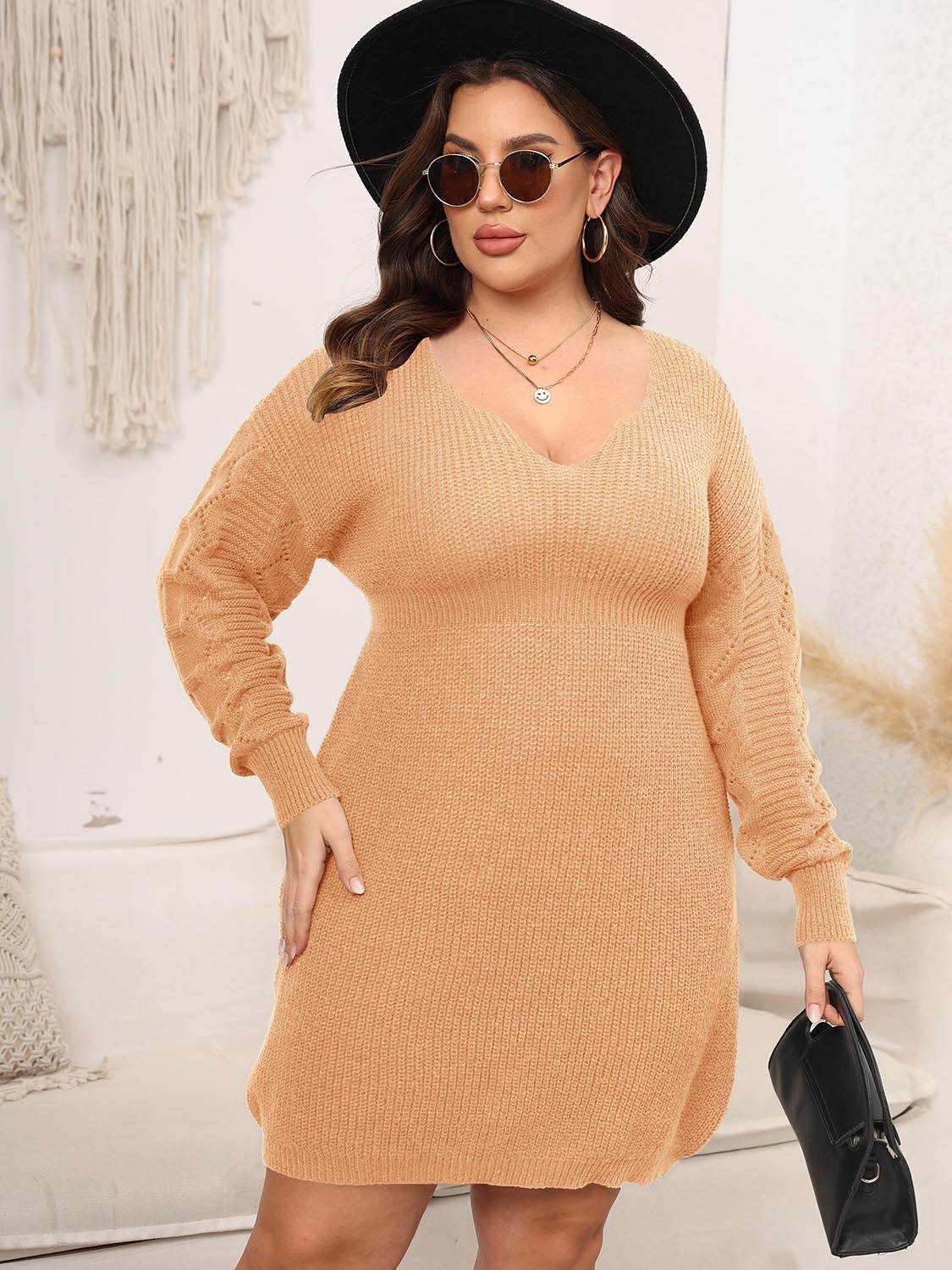 Plus Size Dropped Shoulder Long Sleeve Knit Mini Dress - Delanoir