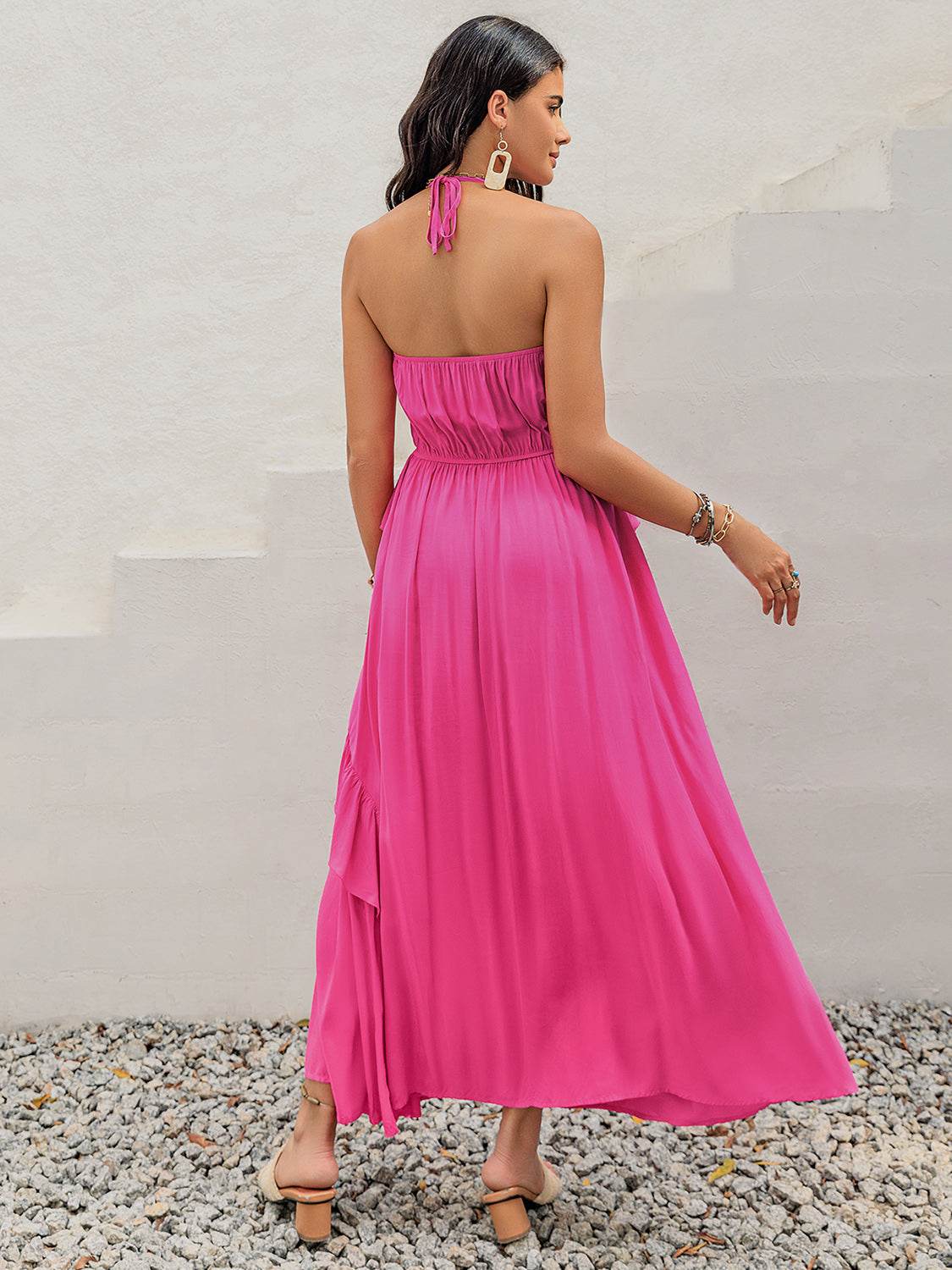 Ruffled Halter Neck Maxi Dress - Delanoir