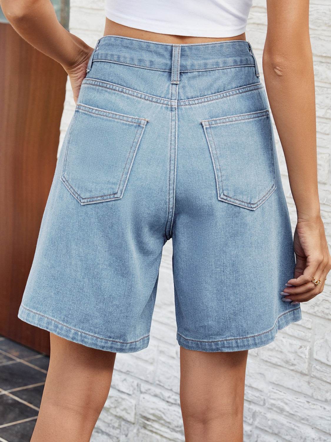 High Waist Denim Shorts with Pockets - Delanoir