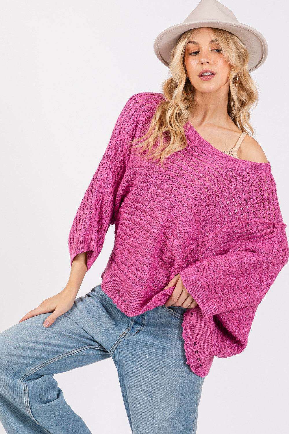 SAGE + FIG Distressed Asymmetrical Open Stitch Sweater - Delanoir