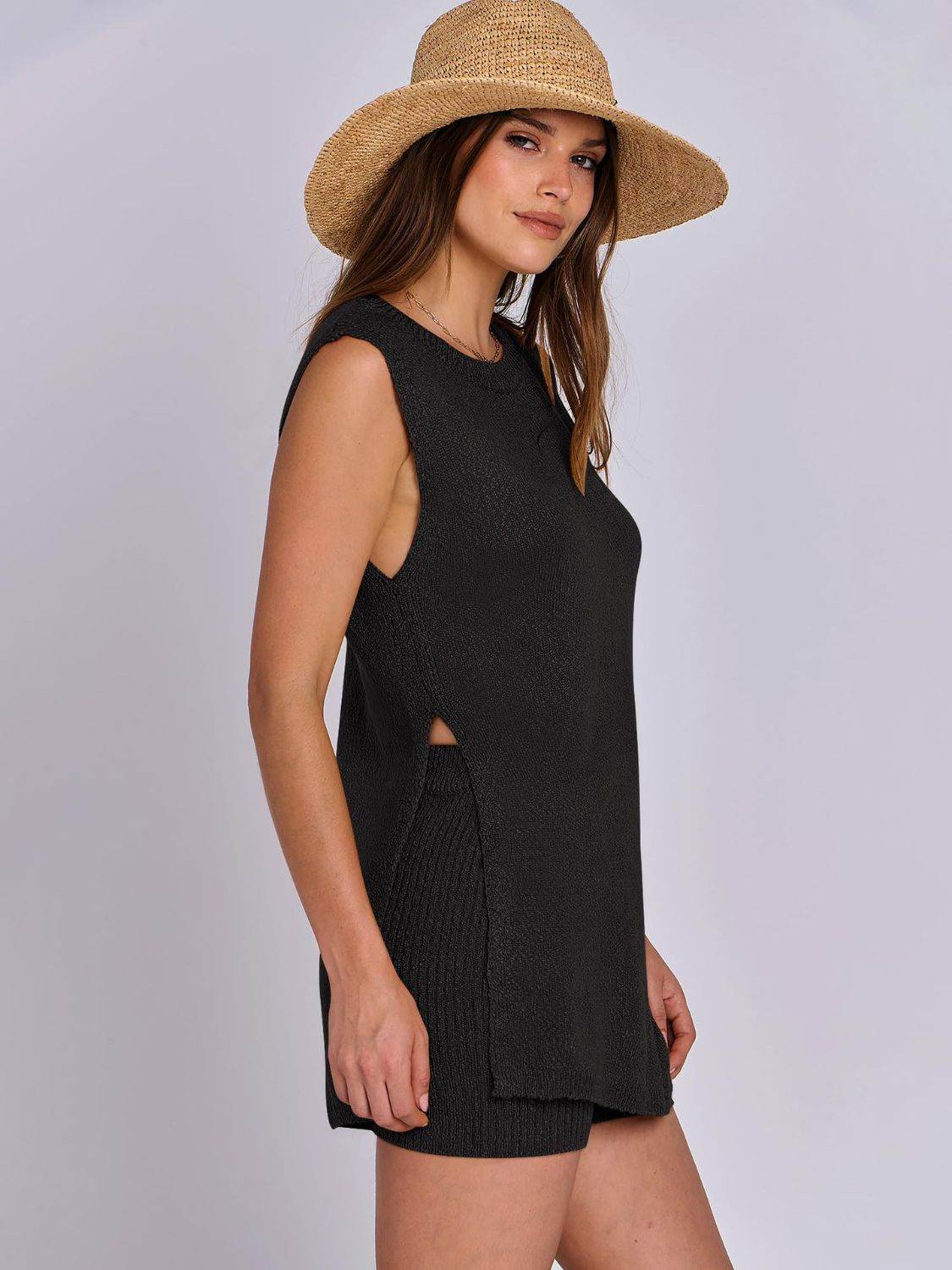 Mandy Side Slit Round Neck Tank and Shorts Sweater Set - Delanoir