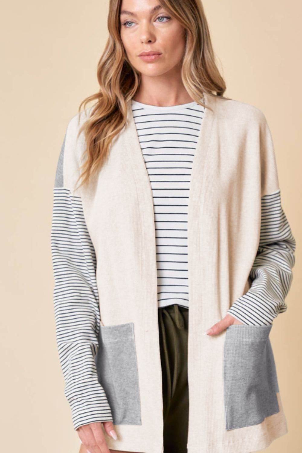 Open Front Long Sleeve Striped Cardigan with Pockets - Delanoir