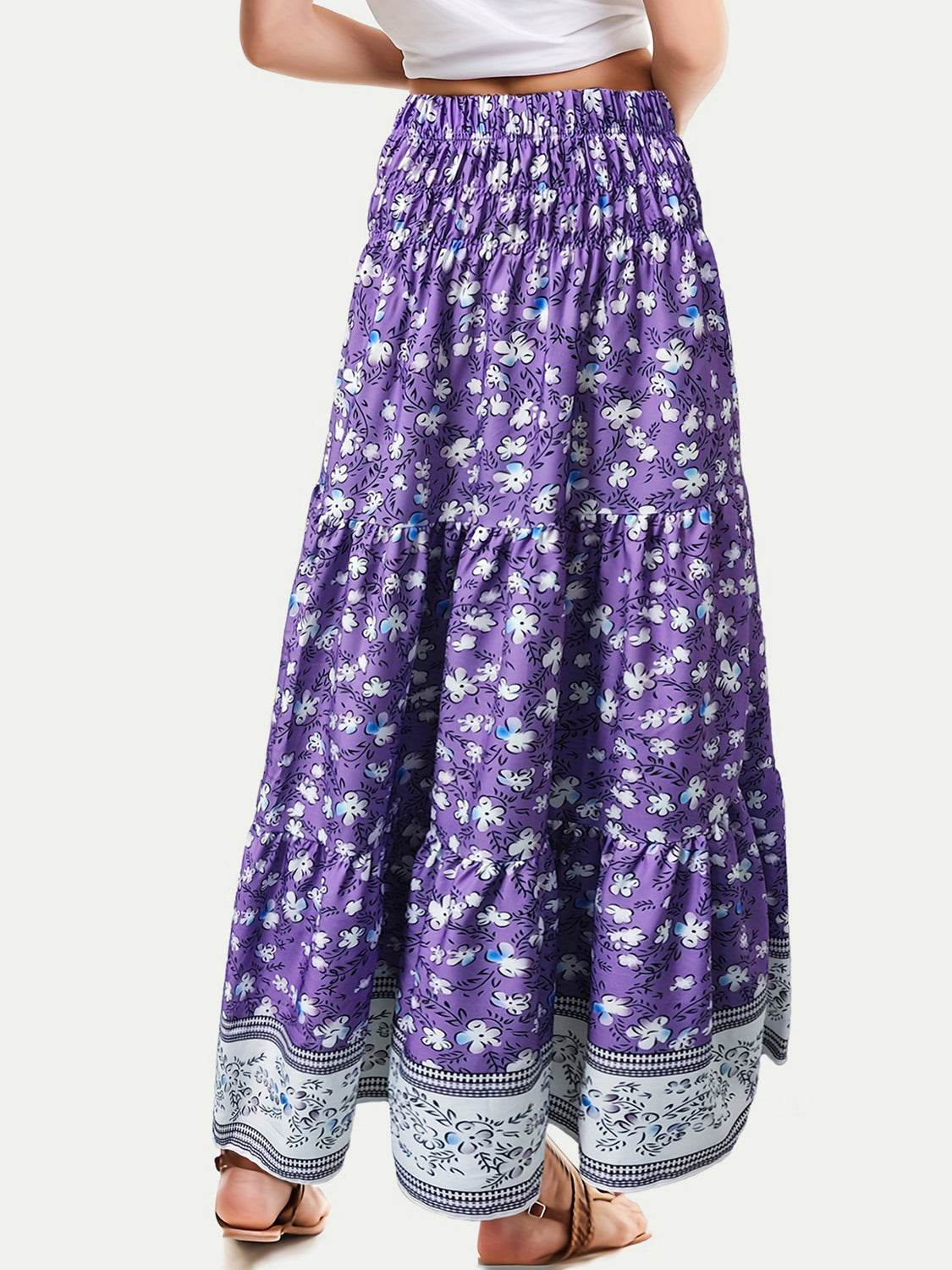 Full Size Tiered Printed Elastic Waist Skirt - Delanoir
