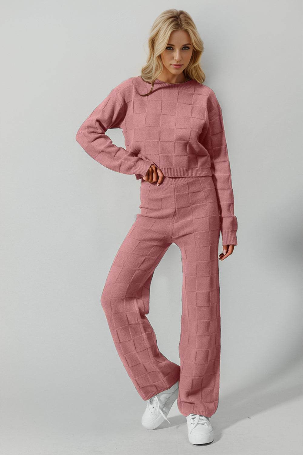 Double Take Full Size Checkered Round Neck Top and Pants Set - Delanoir