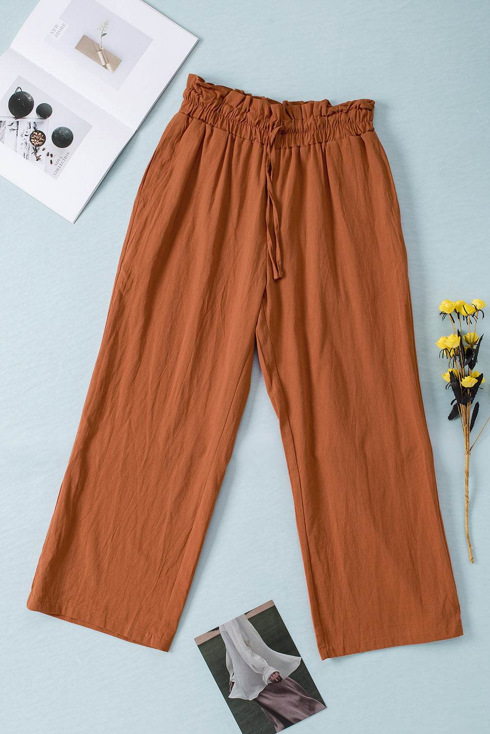 Drawstring Paperbag Waist Wide Leg Pants - Delanoir