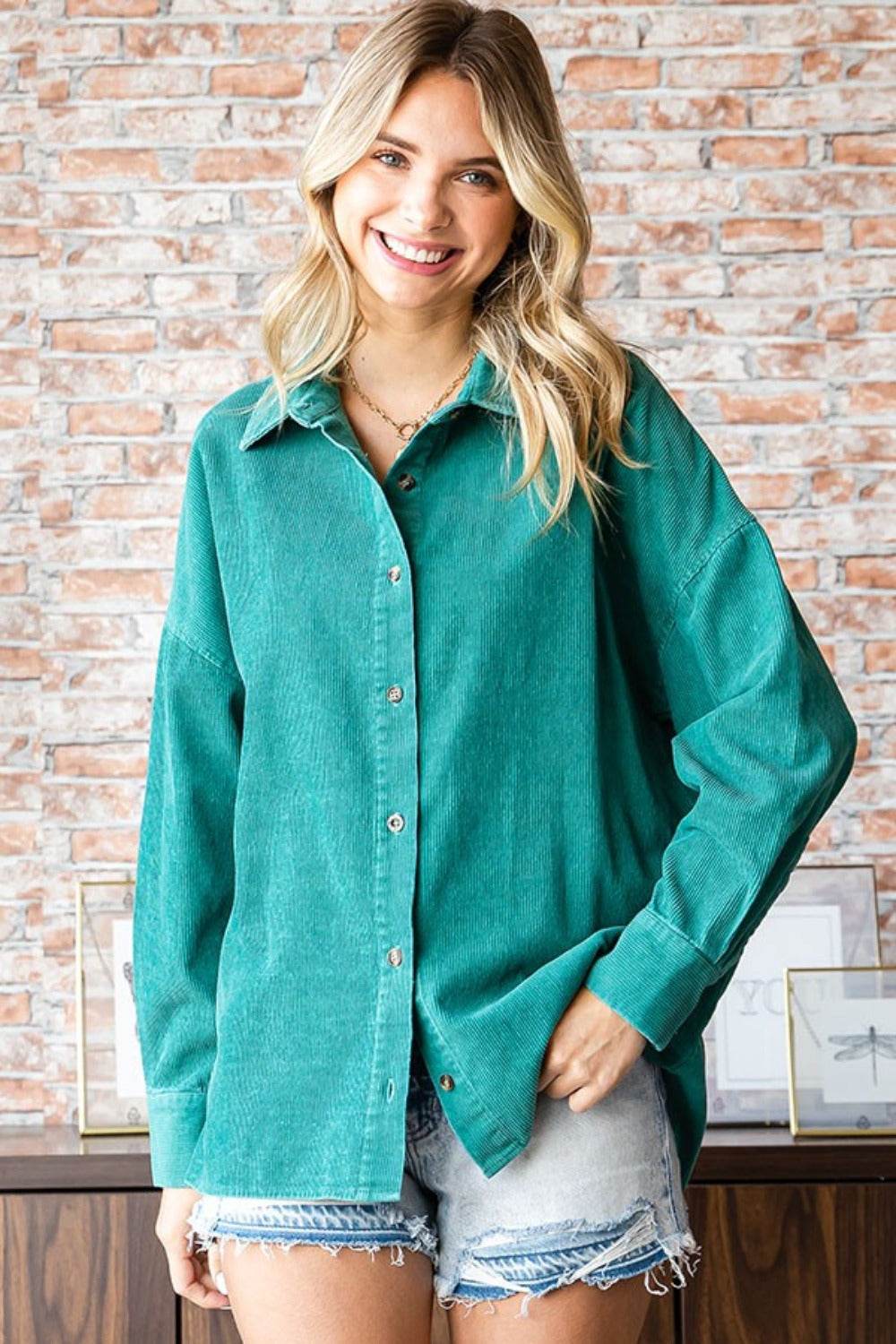 First Love Washed Corduroy Button Down Long Sleeve Shirt - Delanoir