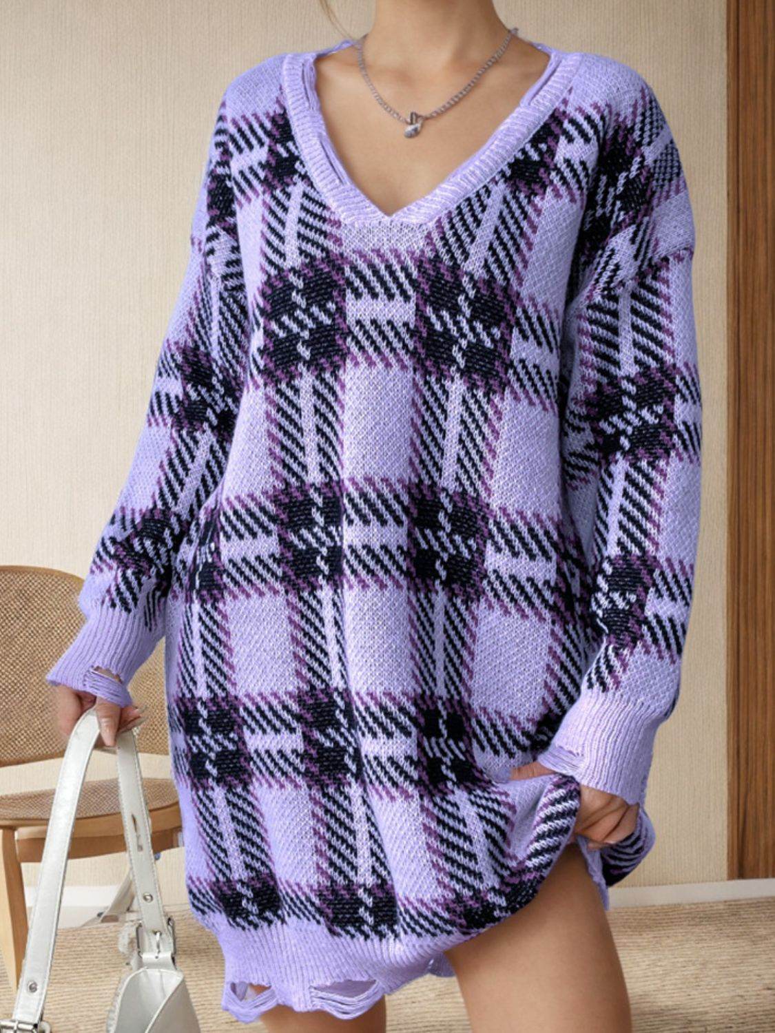 Distressed Plaid V-Neck Long Sleeve Sweater Dress - Delanoir