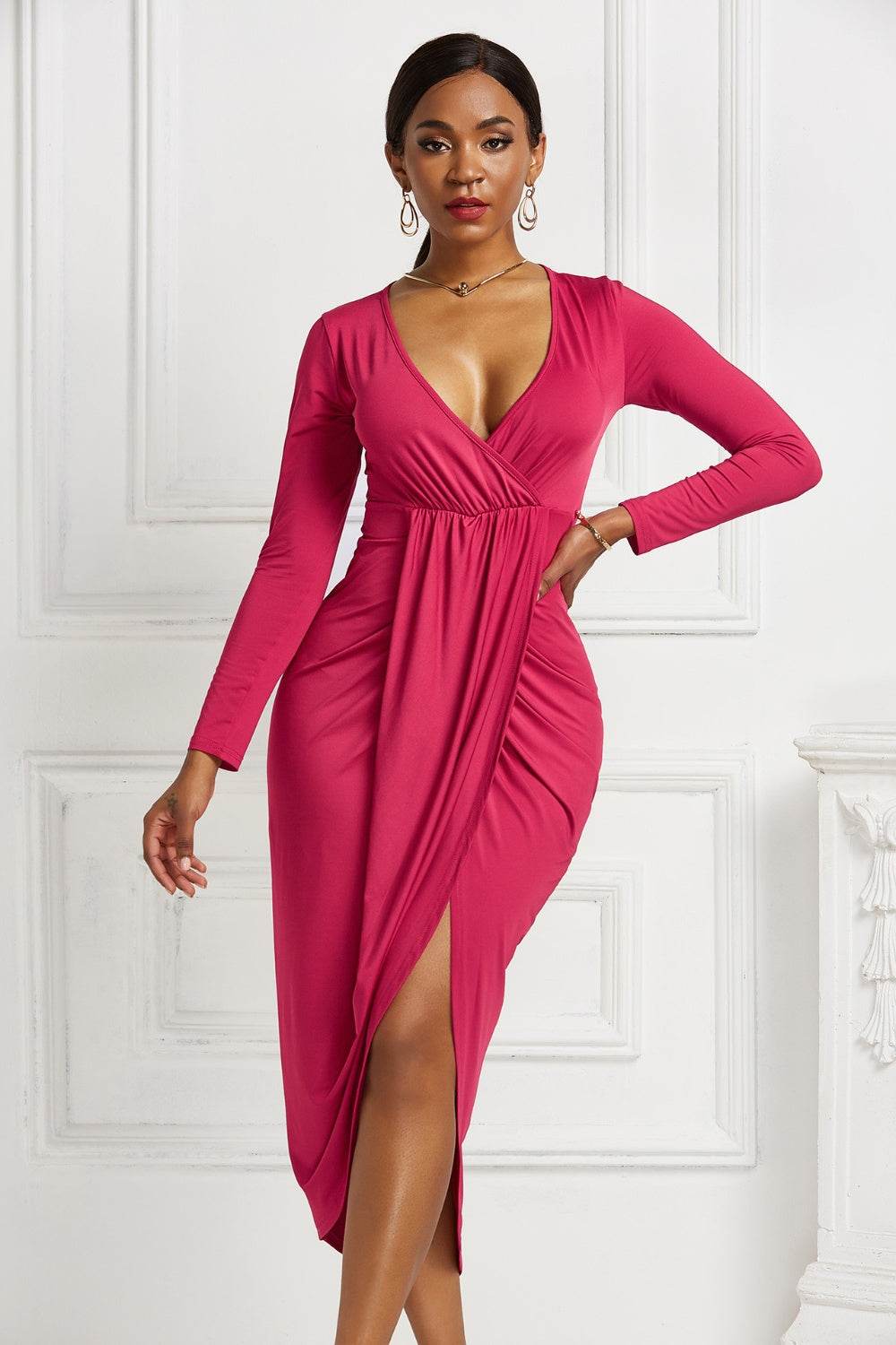 High-low Ruched Surplice Long Sleeve Dress - Delanoir