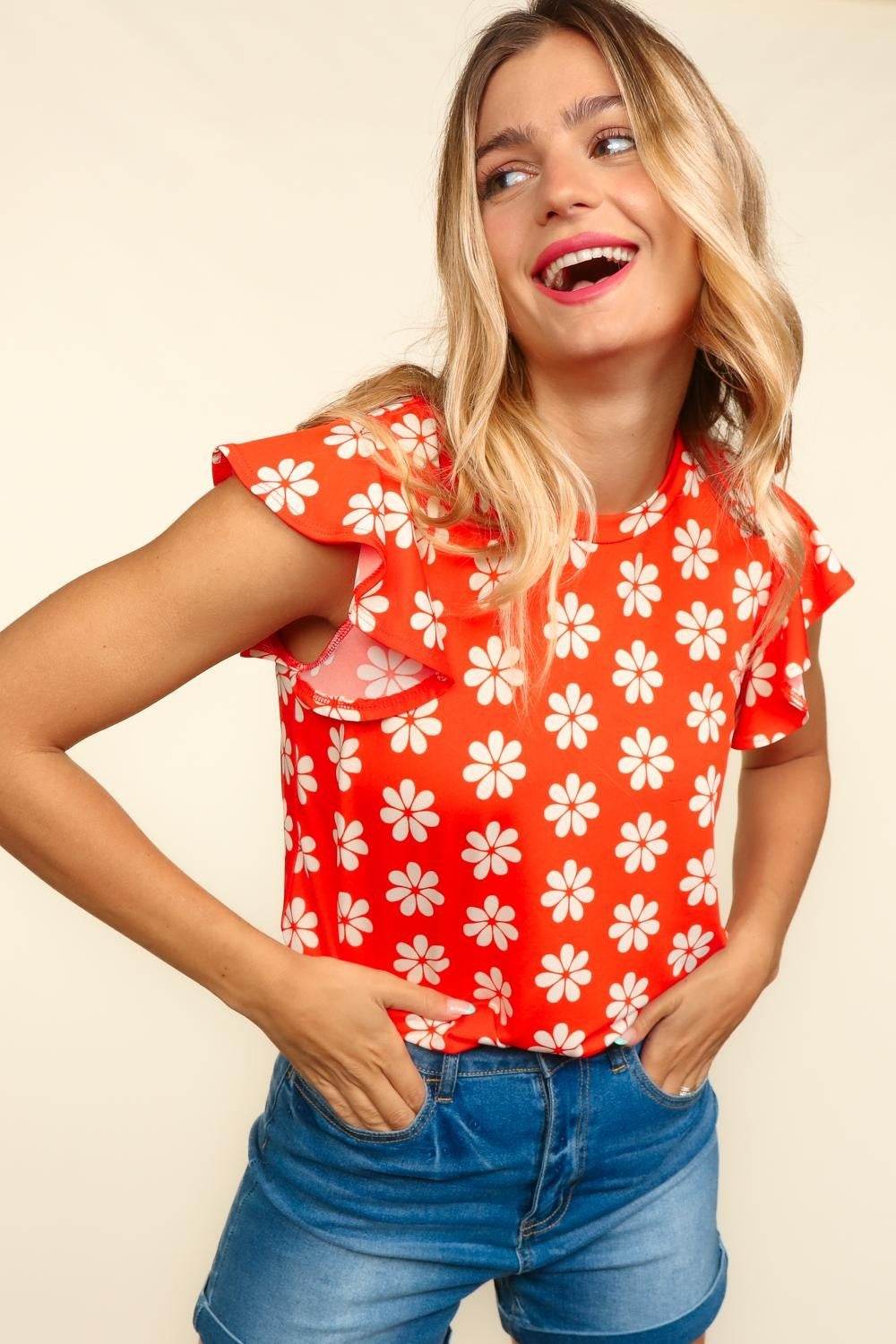 Haptics Round Neck Ruffled Floral Contrast Knit Top - Delanoir