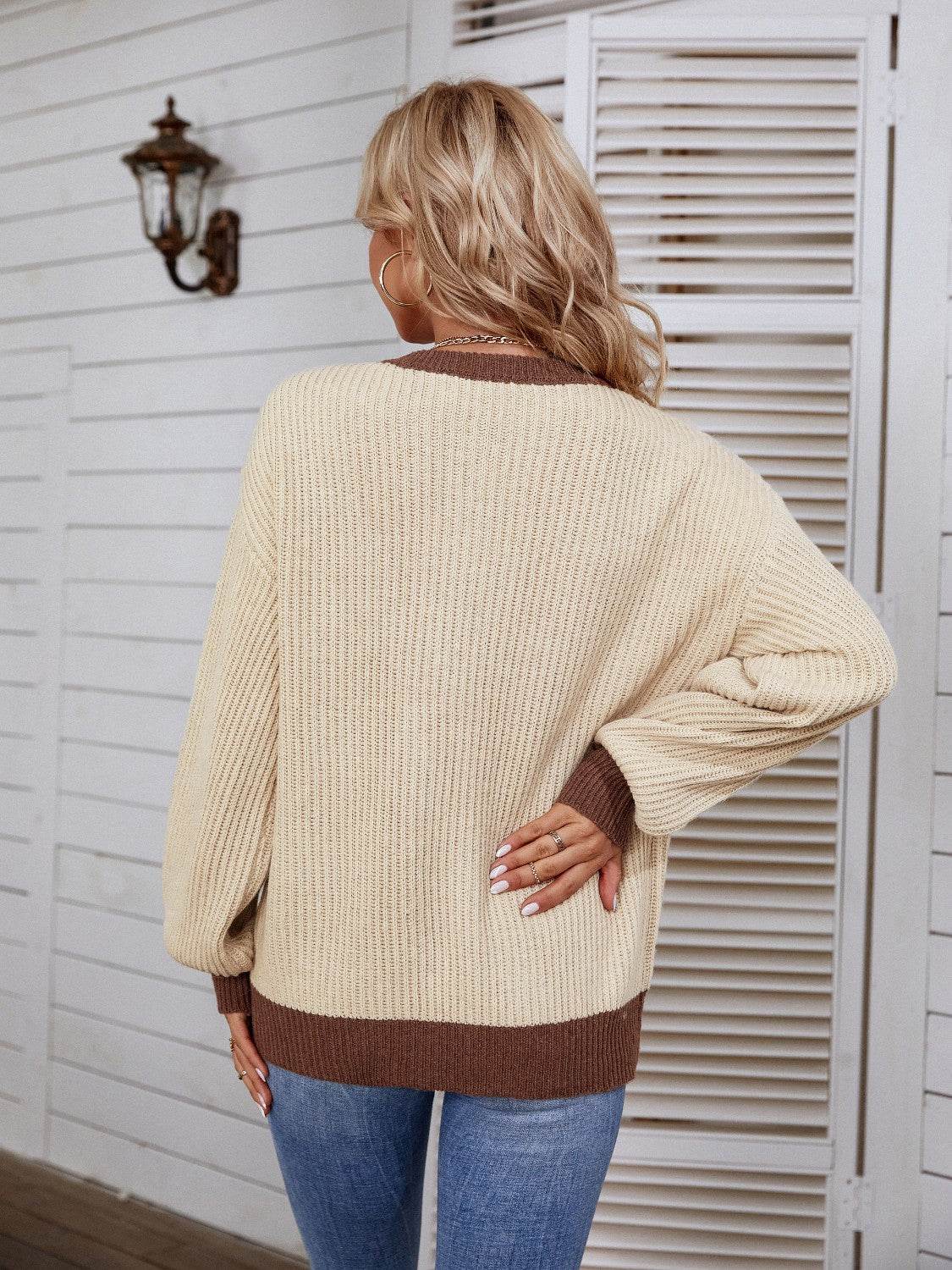 Decorative Button Round Neck Sweater - Delanoir
